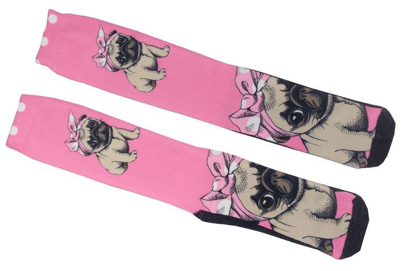 Meia Cano Alto Estampada Pug Rosa