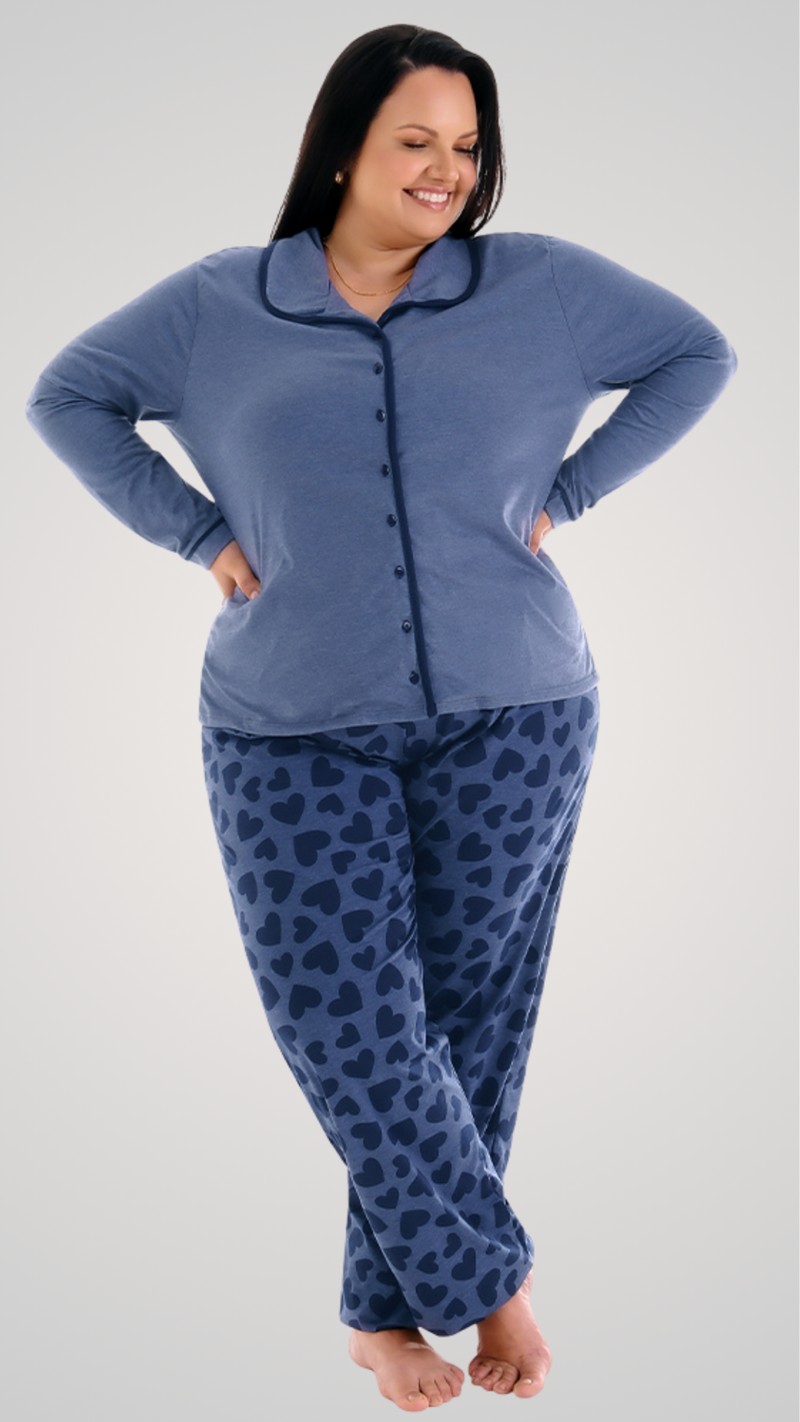 PIJAMA ABERTURA FRONTAL COM BOTÕES - PLUS SIZE - AZUL ESCURO